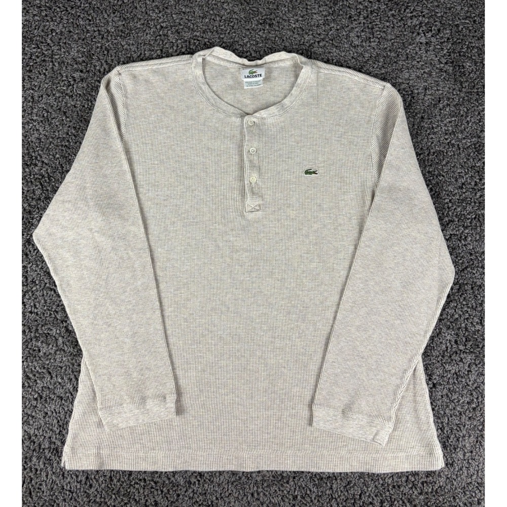 Lacoste Mens Waffle Knit Henley Shirt Long Sleeve Beige Cotton Thermal Size 6 L
